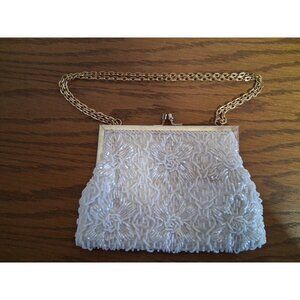Vintage Fine Arts Bag White Beaded Handbag With Gold Chain & Satin Lining
